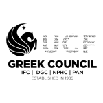 Logo of UCF Greek Council with the following text at the bottom: IFC, DGC, NPHC, PAN; Established in 1985