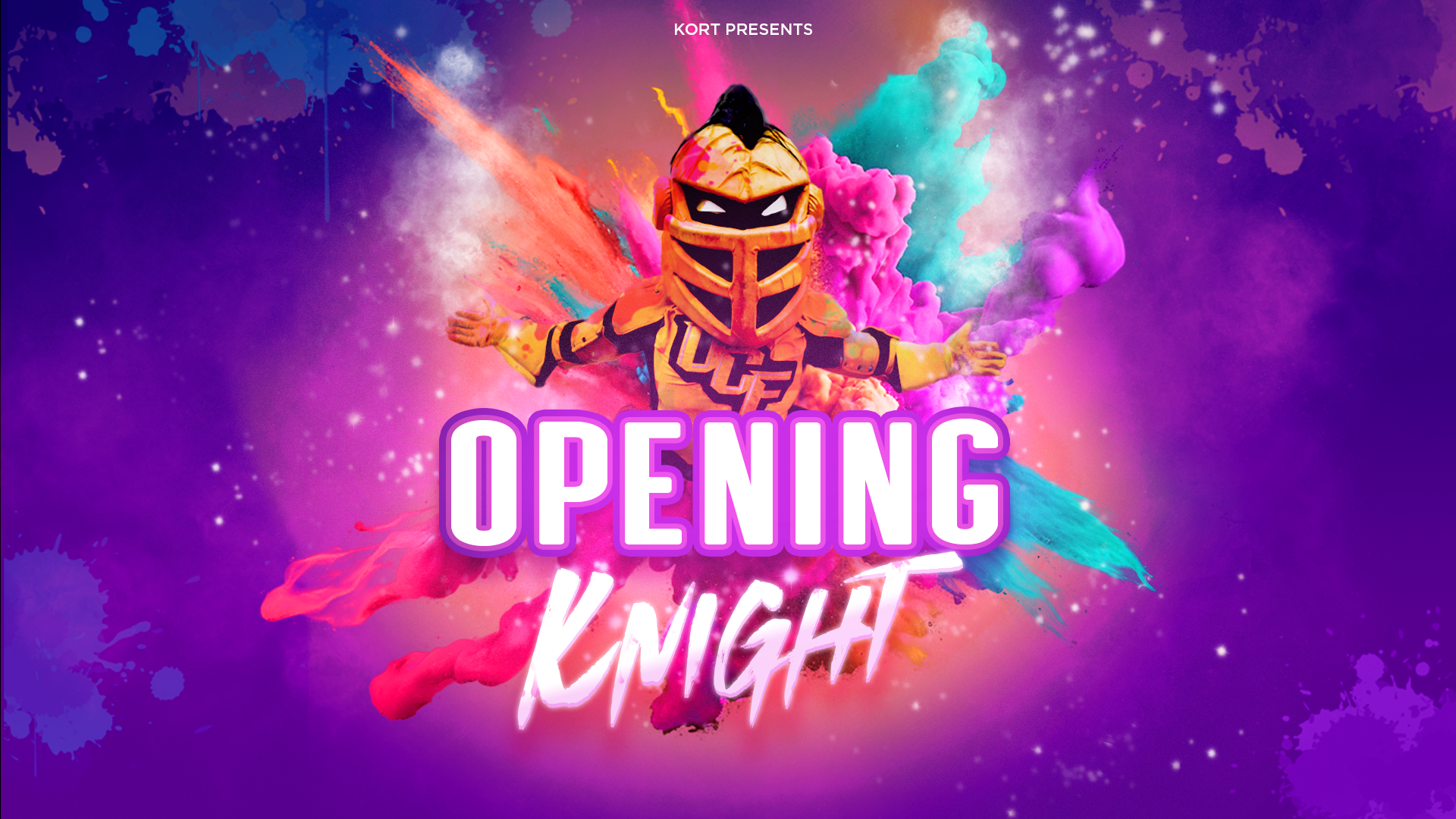 Colorful illustration of UCF mascot in the middle with the text that says Opening Knight