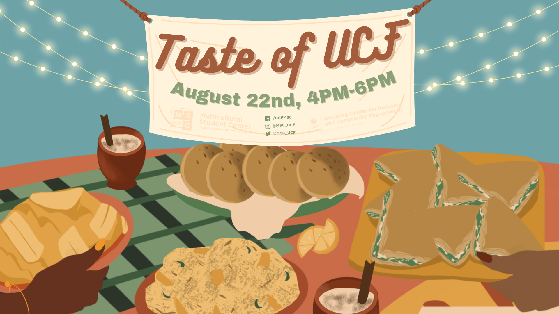 Illustration of the food on the table and the banner it, saying Taste of UCF, August 22nd, 2pm-6pm 
